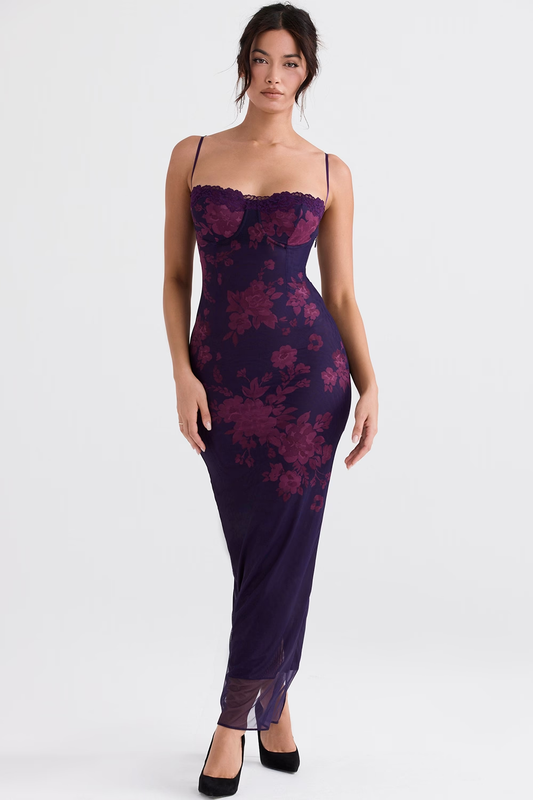 Deep purple floral sweetheart spaghetti strap maxi dress, fitted bodycon silhouette, front view