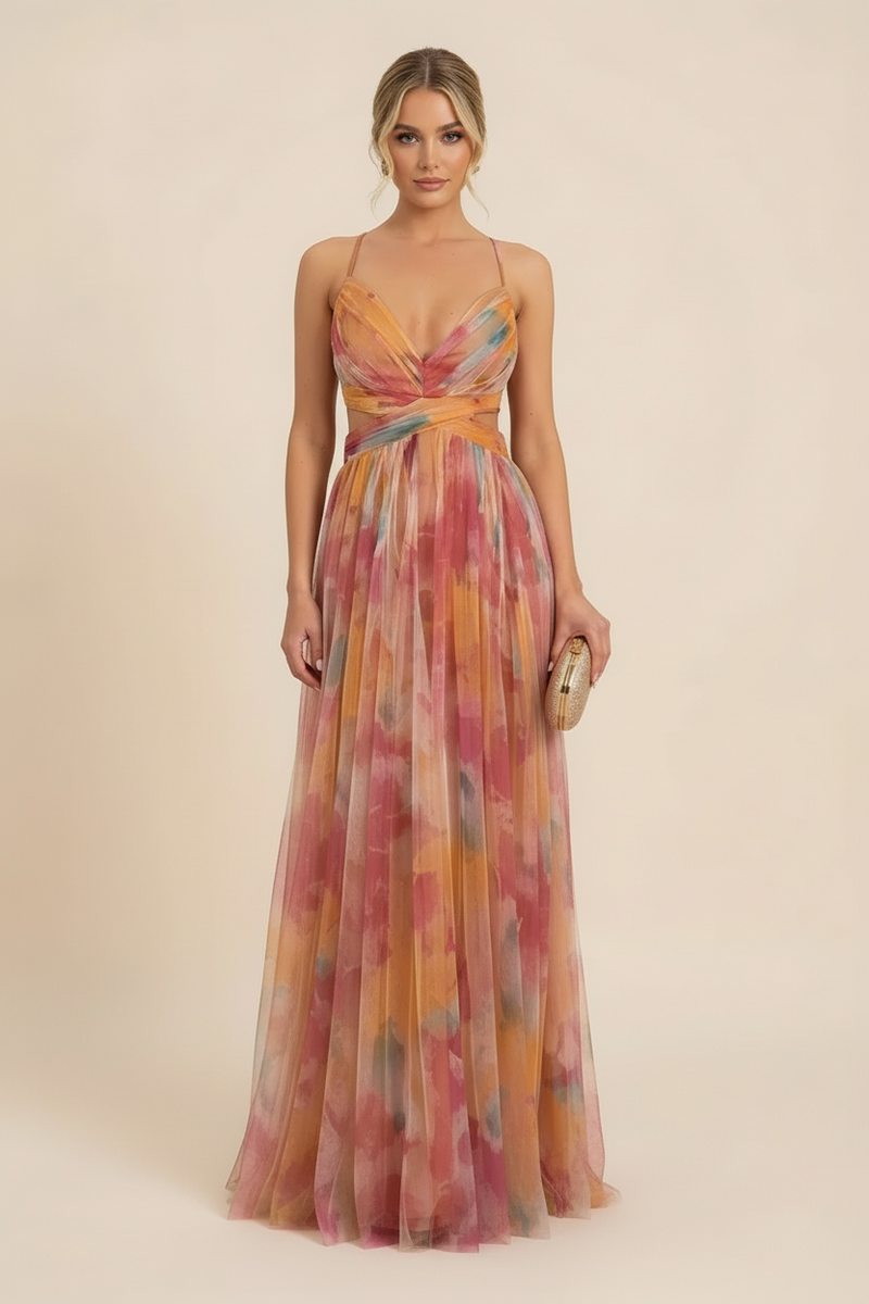 Women's floral v-neck maxi dress with cut-outs and spaghetti straps, featuring a vibrant pink and orange watercolor pattern.