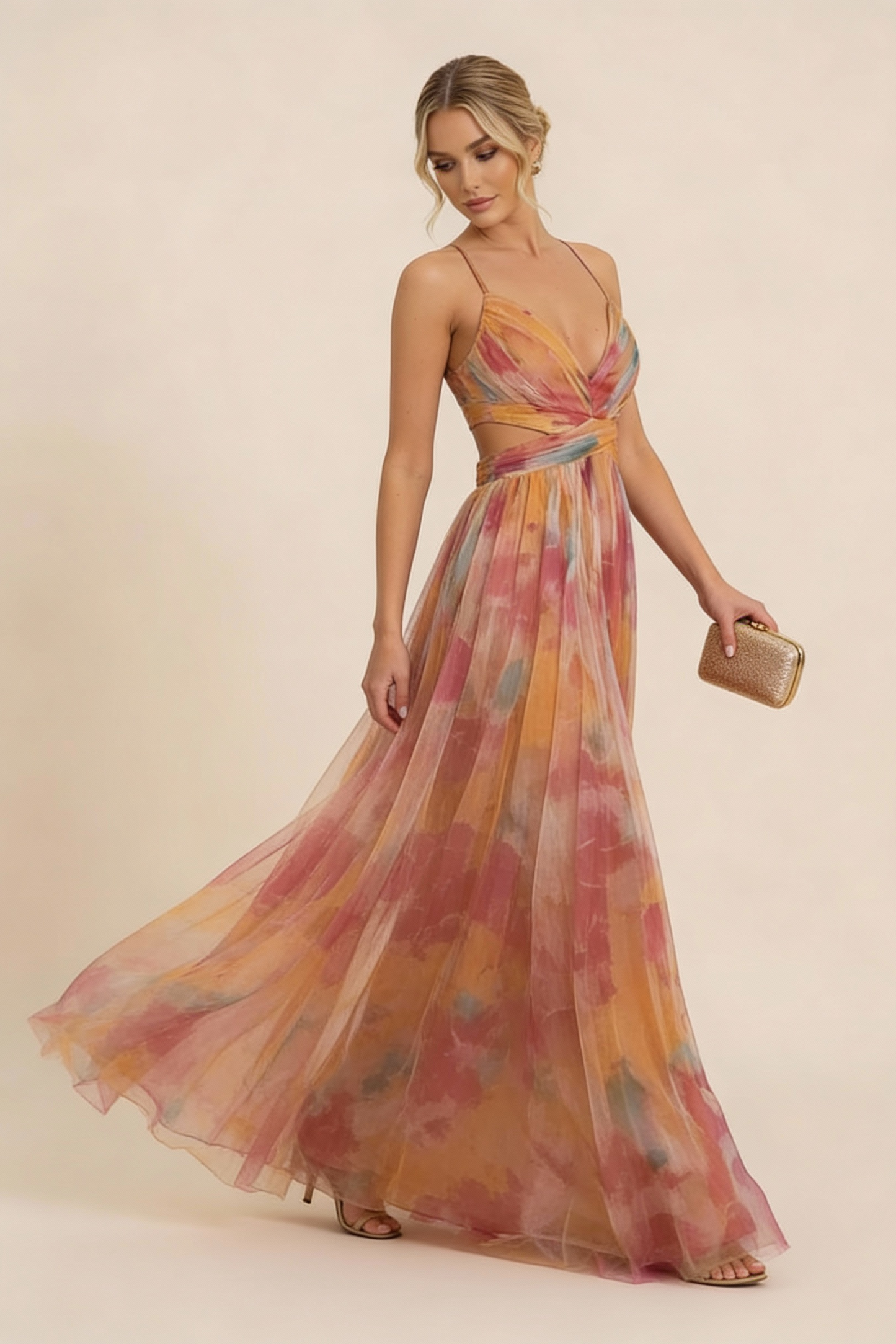 Elegant women's floral v-neck maxi dress with a flowing skirt, showcasing the vibrant pink and orange print and cut-out details.