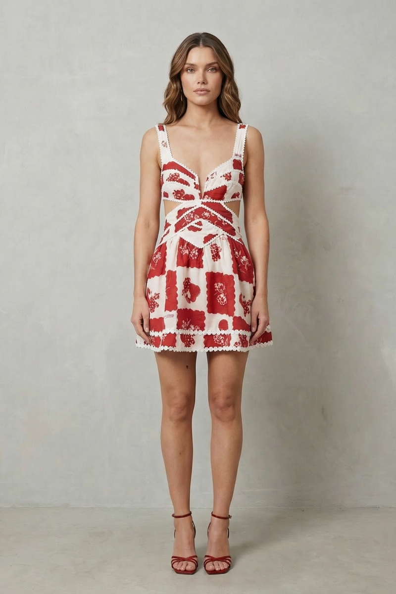 Full-length front view of a women's red and white floral mini dress with a V-neck, waist cut-outs, and a playful pattern.
