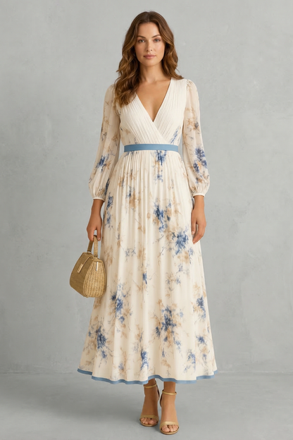 Front view of a women's floral v-neck long sleeve pleated maxi dress, showcasing the full length and delicate blue and beige floral pattern.