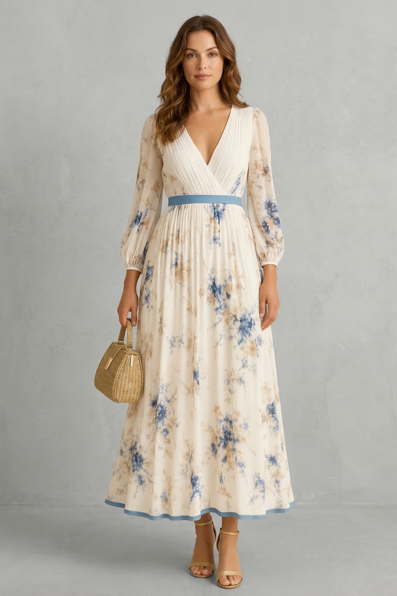 Front view of a women's floral v-neck long sleeve pleated maxi dress, showcasing the full length and delicate blue and beige floral pattern.