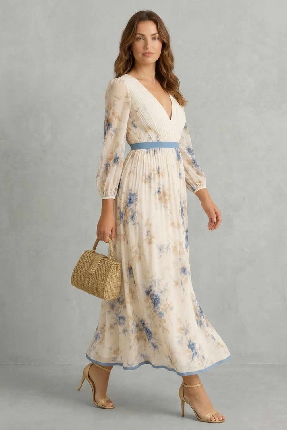 Side view of a women's floral v-neck long sleeve pleated maxi dress in motion, highlighting the flowing pleated skirt and balloon sleeves, perfect for vacation dresses.