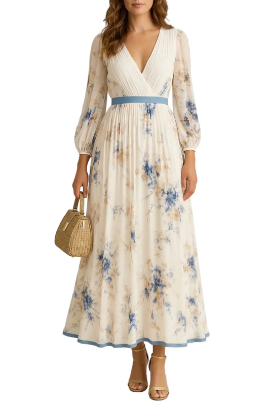 Elegant women's floral v-neck long sleeve pleated maxi dress, featuring a blue and beige floral print on a cream background, with a blue ribbon waist and hem detail.