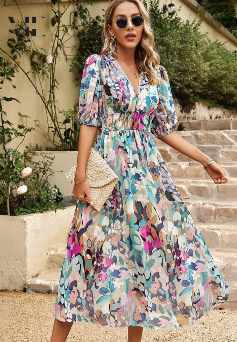 Women's floral v-neck midi dress with short puff sleeves, cinched waist, and a colorful abstract pattern, perfect for vacation outfits.