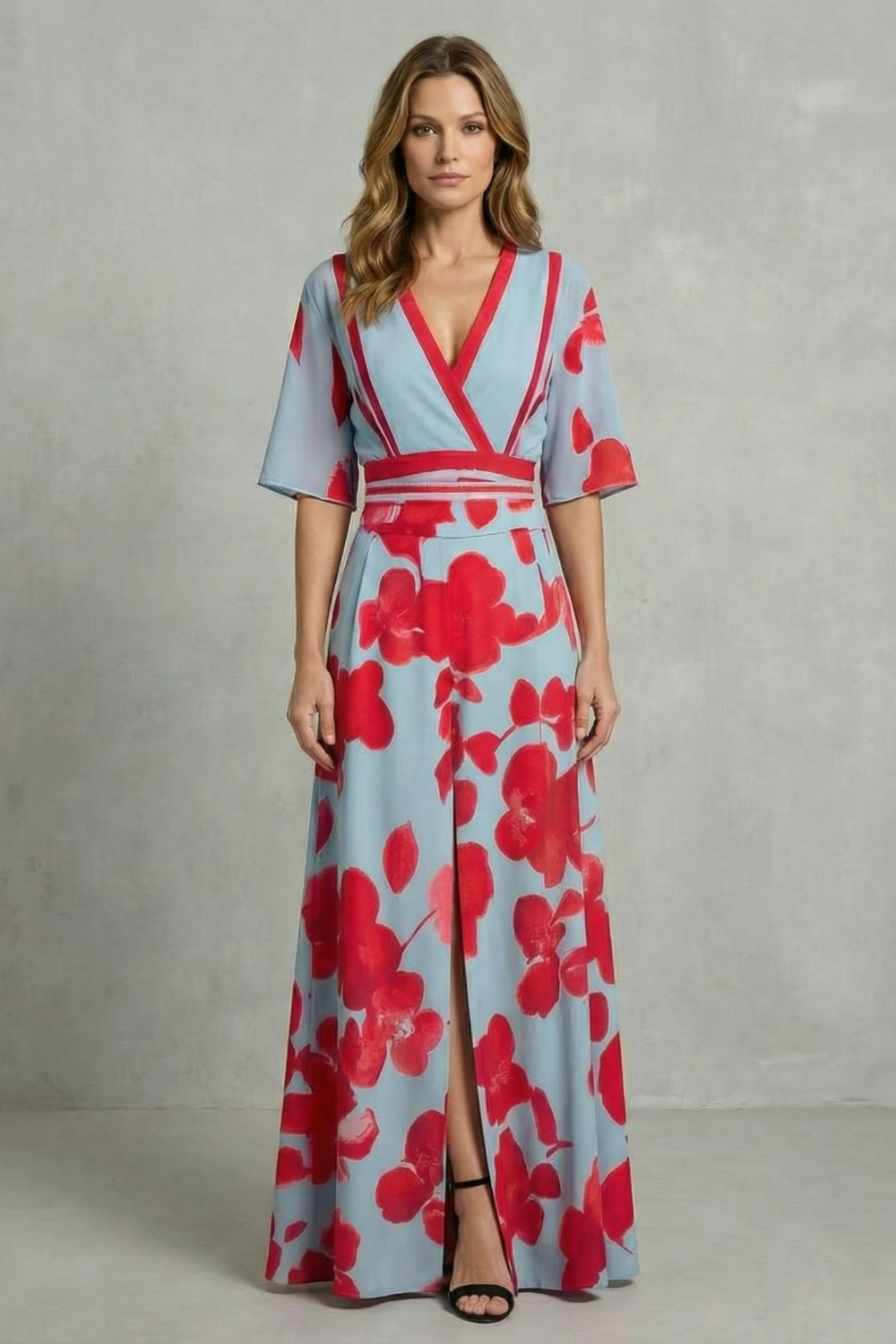 Women's light blue floral maxi dress with red flowers, V-neck, elbow sleeves, and front leg slit