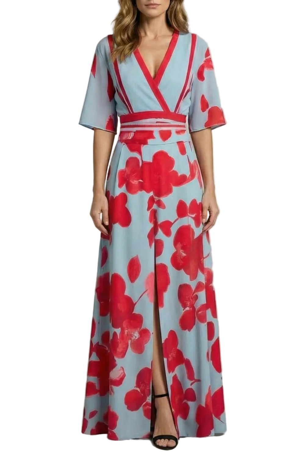 Women's light blue and red floral maxi dress with V-neckline, elbow-length sleeves, and front slit