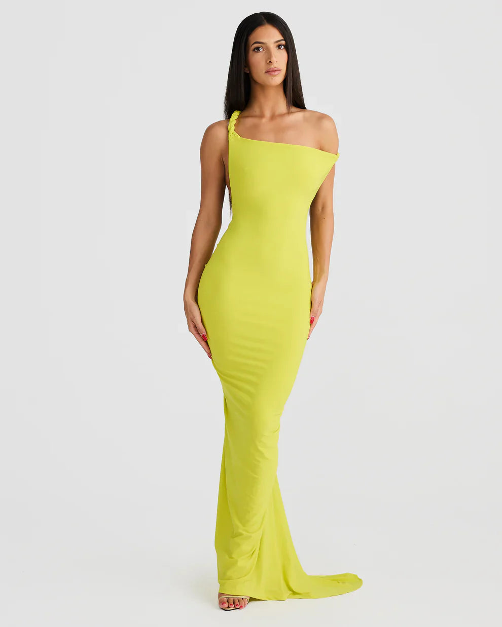 Lime green one-shoulder bodycon maxi dress with braided strap and long train