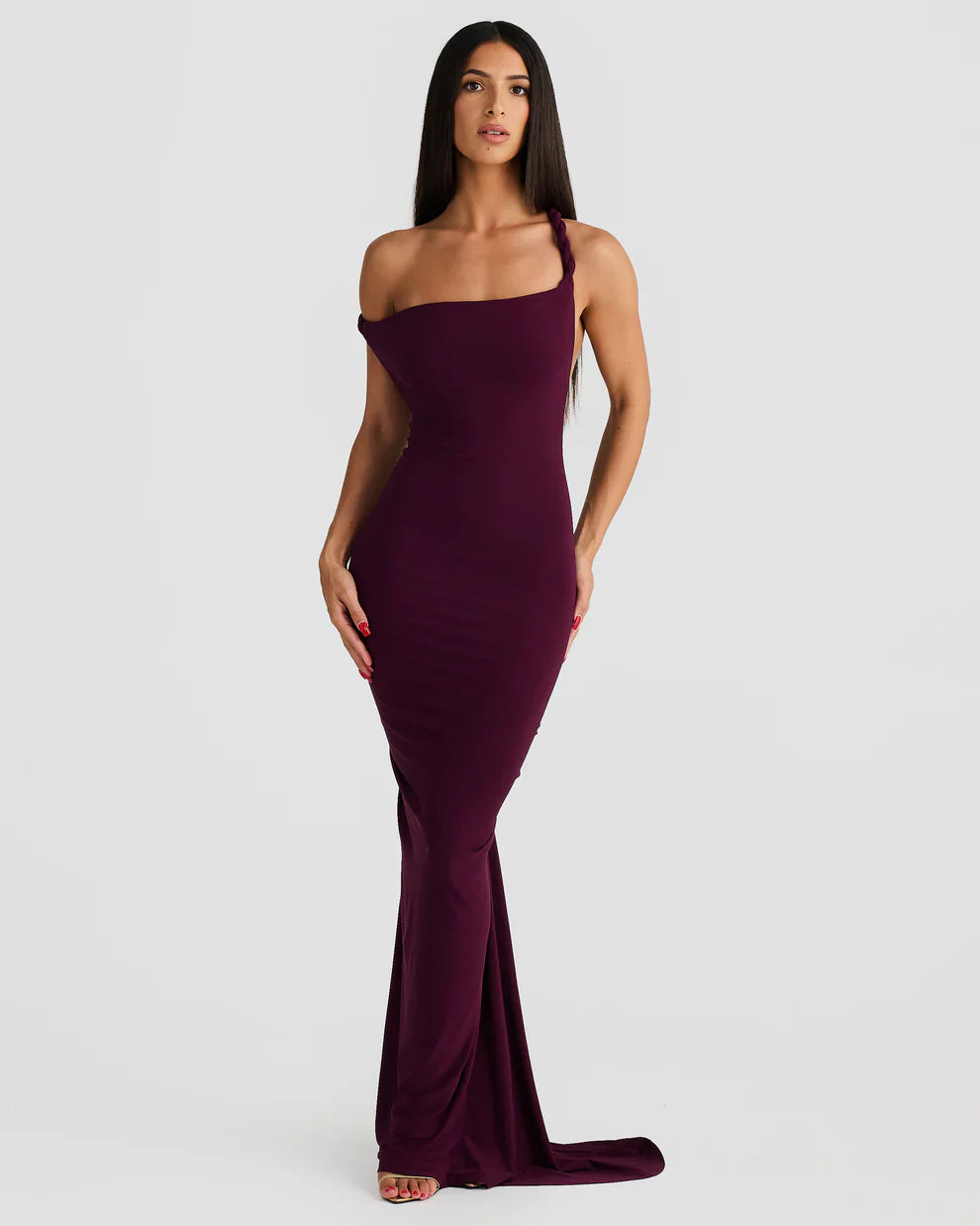 Plum one-shoulder bodycon maxi dress with braided strap and fitted floor-length silhouette