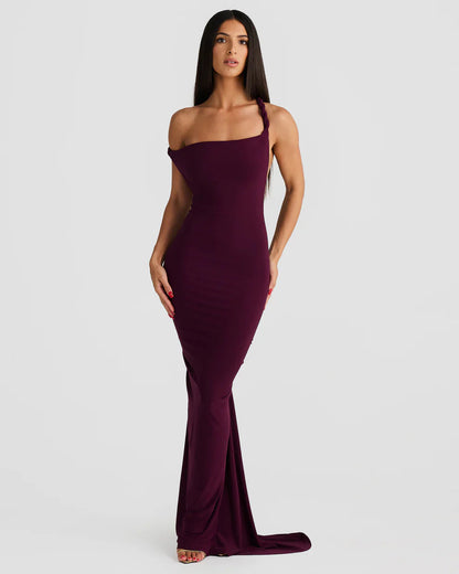 Plum one-shoulder bodycon maxi dress with braided strap and fitted floor-length silhouette