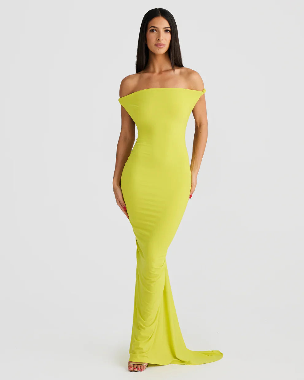 Lime green bodycon maxi dress with off-shoulder neckline and floor-length hem