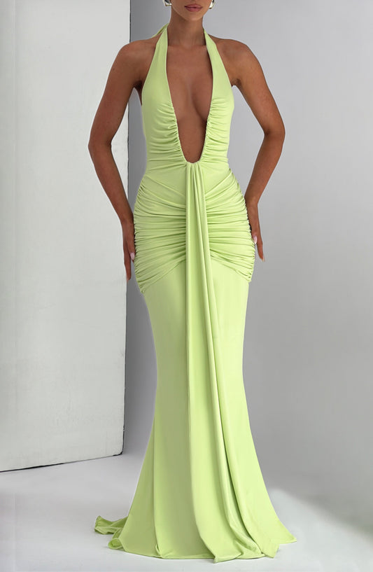 Lime green plunge halter ruched bodycon maxi dress with center drape and floor-length hem