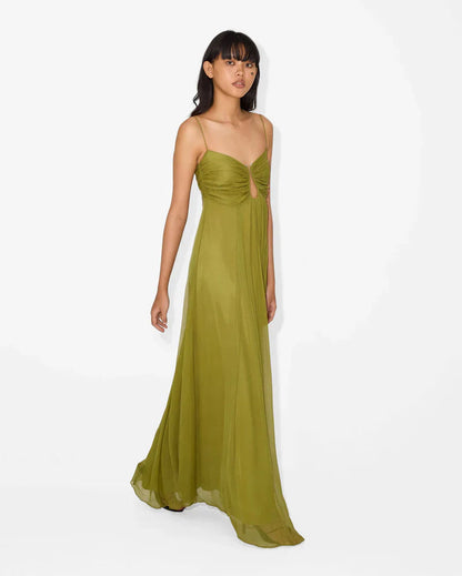 Side profile of a women's olive green gathered bust keyhole maxi dress, highlighting the flowing skirt and keyhole detail.