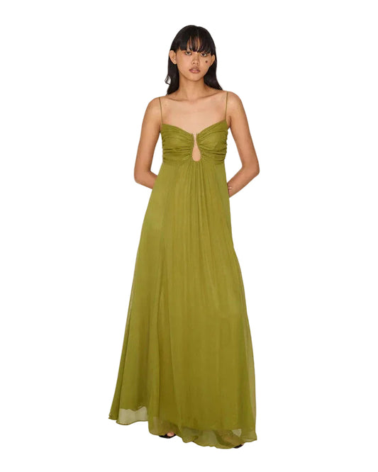 Full-length women's gathered bust keyhole maxi dress in a flowing olive green fabric, with delicate spaghetti straps.