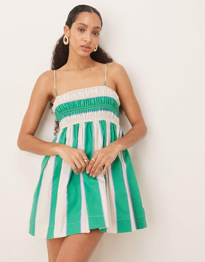 Women striped square neck mini dress with smocked bodice and thin straps, front view