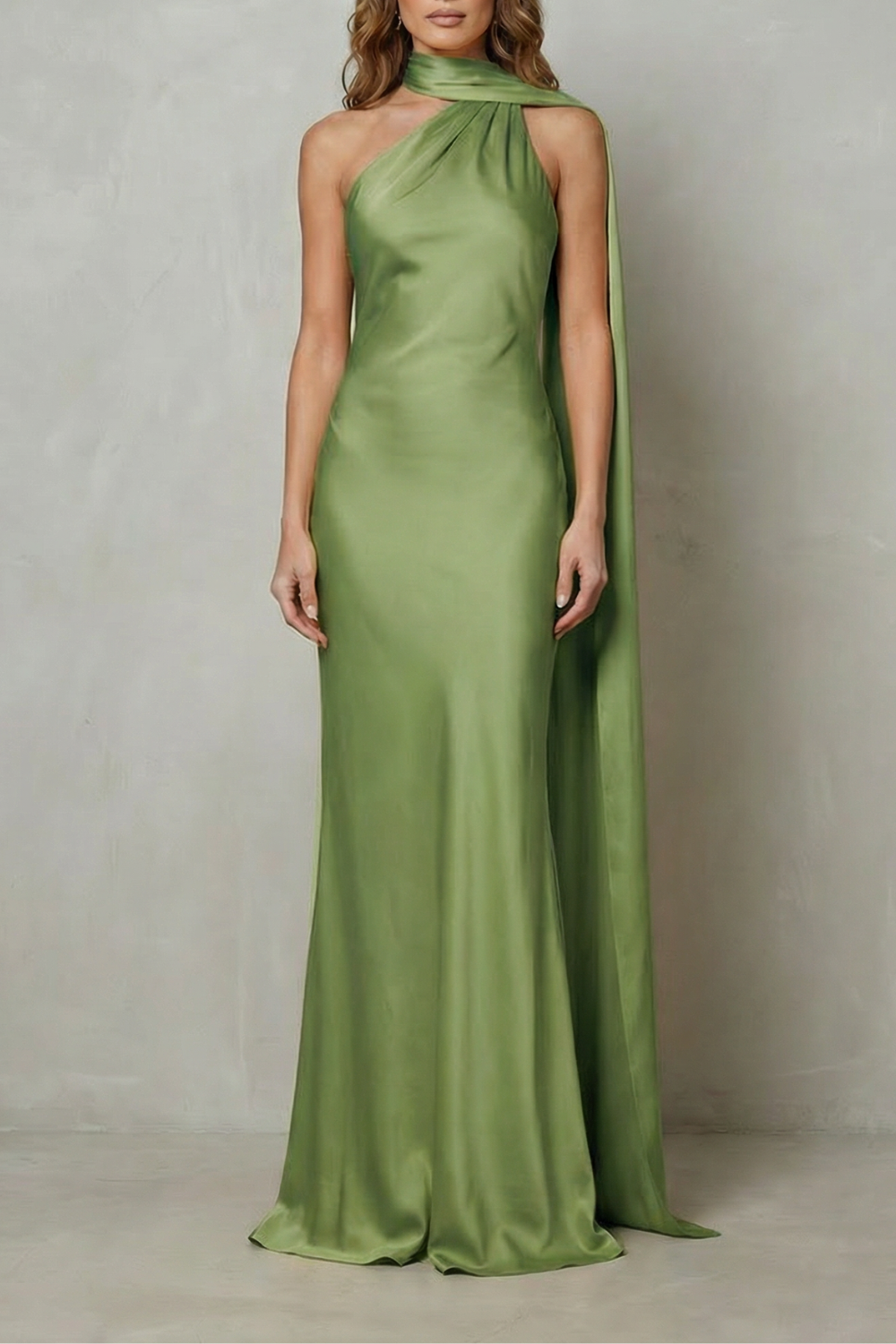 Front view of a sage green formal halter draped open back maxi dress, a chic option for women's wedding guest dresses.
