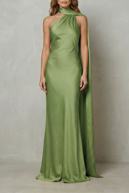 Front view of a sage green formal halter draped open back maxi dress, a chic option for women's wedding guest dresses.
