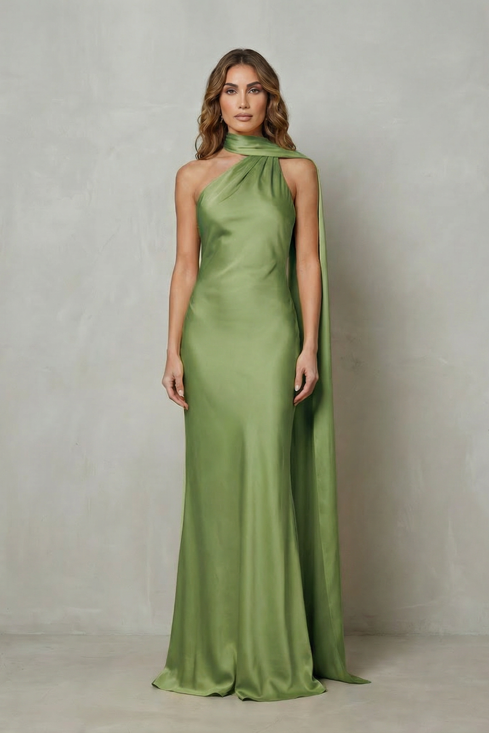 Sage green formal halter draped open back maxi dress with a long train, offering an elegant look for special occasions.