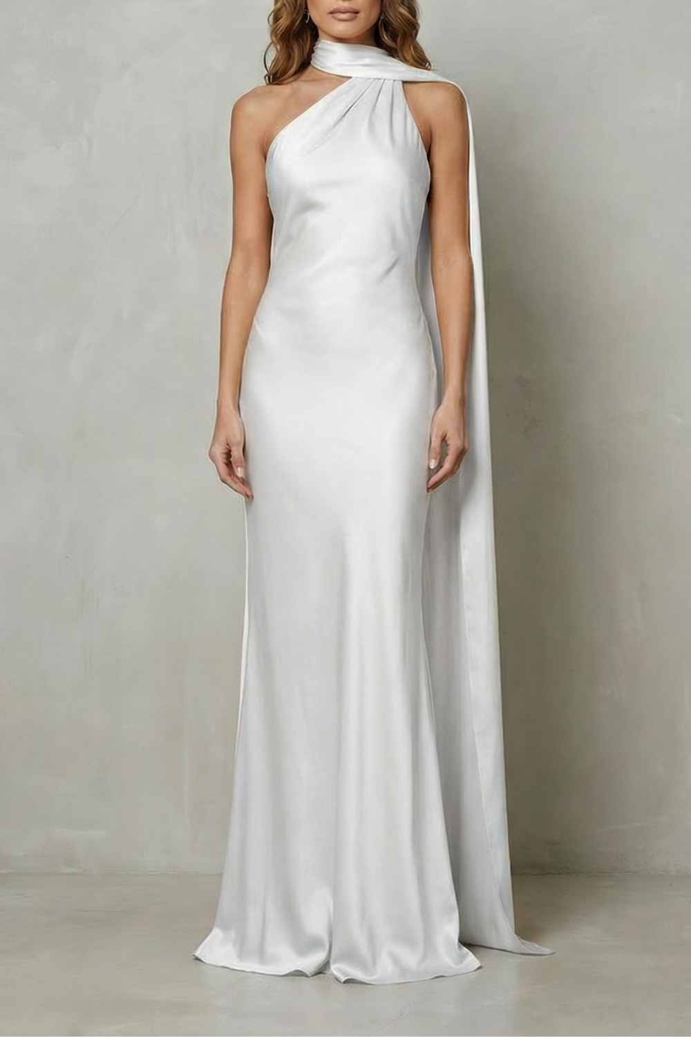 Front view of a white formal halter draped open back maxi dress, a sophisticated white satin dress for formal events.
