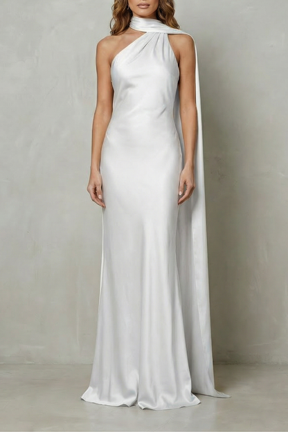 Front view of a white formal halter draped open back maxi dress, a sophisticated white satin dress for formal events.