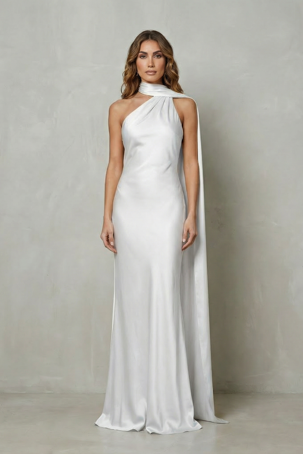 White formal halter draped open back maxi dress, showcasing the elegant drape and long train, perfect as an elegant white silk dress.
