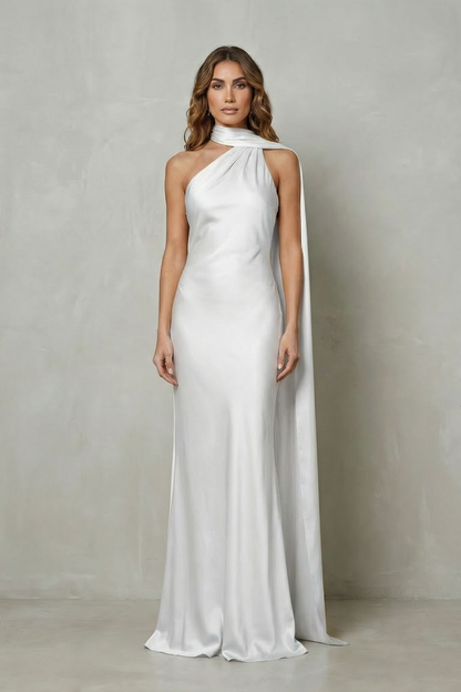White formal halter draped open back maxi dress, showcasing the elegant drape and long train, perfect as an elegant white silk dress.