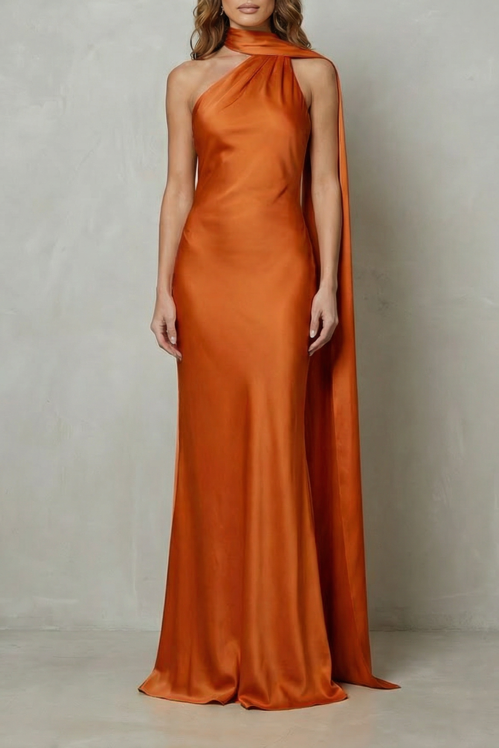 Front view of a rust orange formal halter draped open back maxi dress, a stylish choice for vacation dresses or wedding guests.