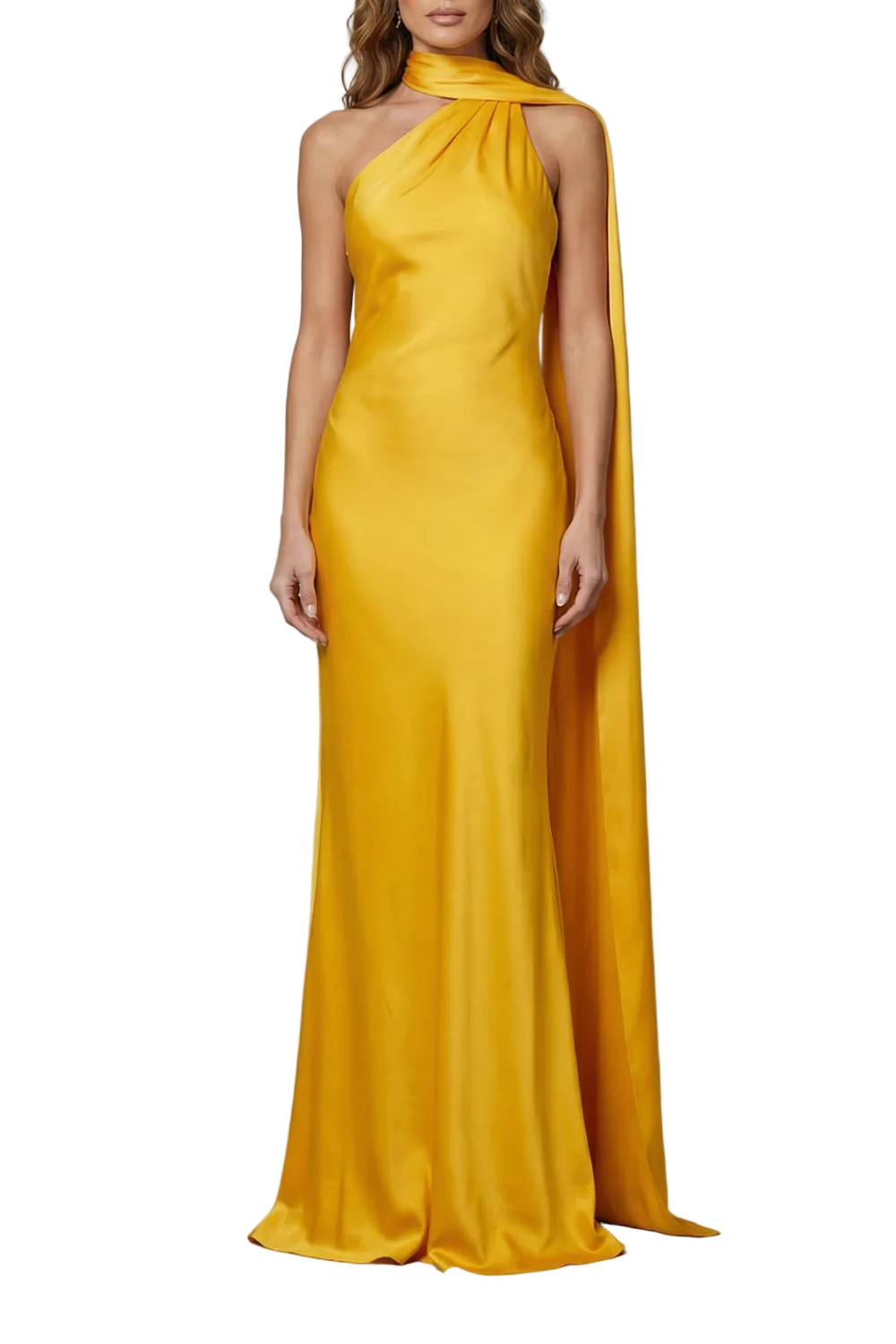Front view of a yellow formal halter draped open back maxi dress with a long flowing train on a white background, perfect for wedding guests.