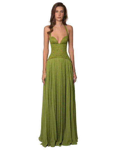 Full-length formal halter neck maxi dress in olive green with a lace-up corset bodice and pleated skirt.