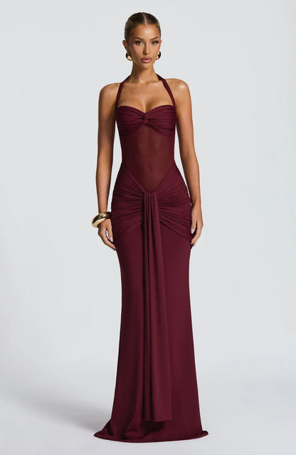 Full-length burgundy halter neck twisted ruched maxi dress, ideal for womens wedding guest dresses.