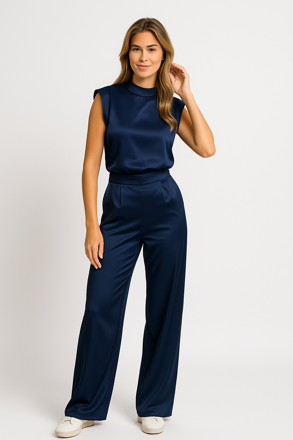 Chic navy blue high neck wide leg jumpsuit for women, with a satin-like finish and a relaxed, elegant fit.