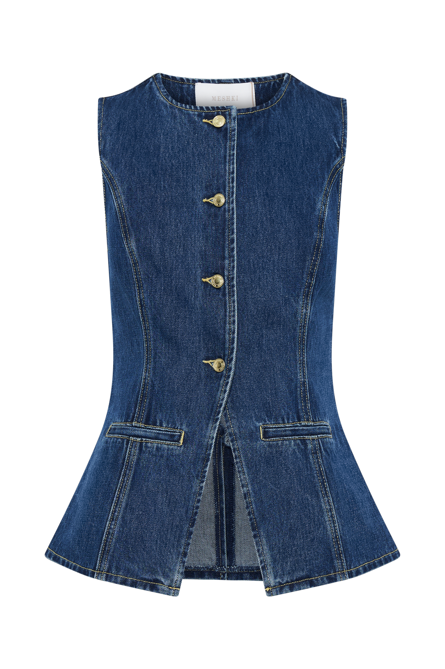 Flat lay front of dark blue sleeveless denim vest with gold buttons and peplum hem detail