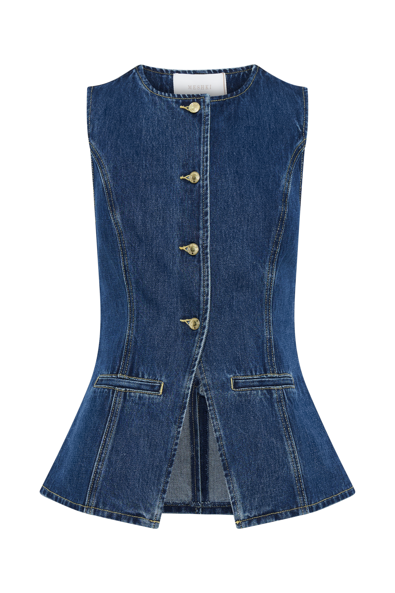 Flat lay front of dark blue sleeveless denim vest with gold buttons and peplum hem detail