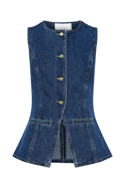 Flat lay front of dark blue sleeveless denim vest with gold buttons and peplum hem detail