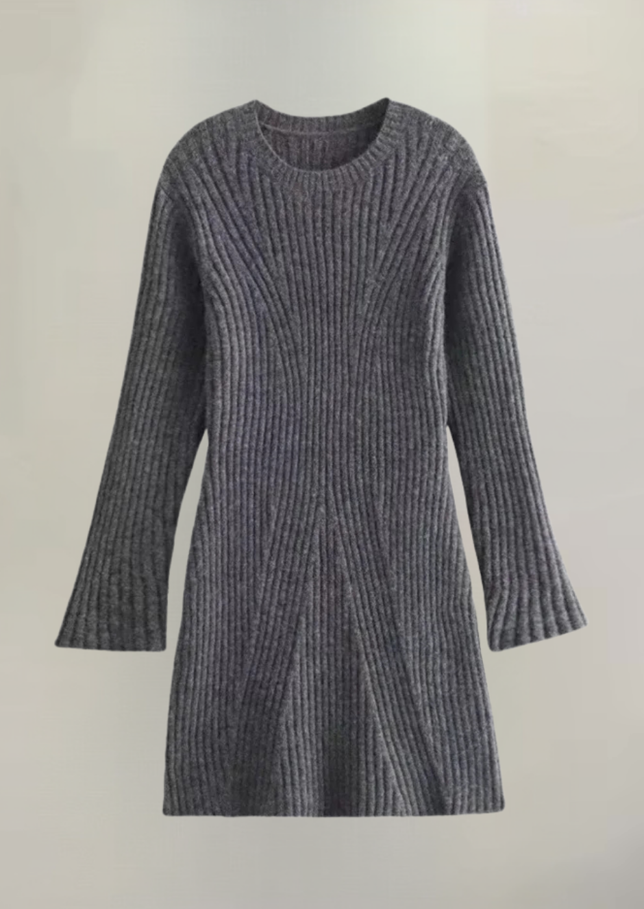 Flat lay of a grey knit long sleeve ribbed mini dress, showcasing the full garment with its flared sleeves and skirt detail.