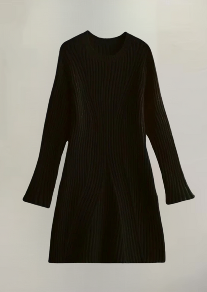 Flat lay of a black knit long sleeve ribbed mini dress, featuring the ribbed pattern, long sleeves, and mini length design.
