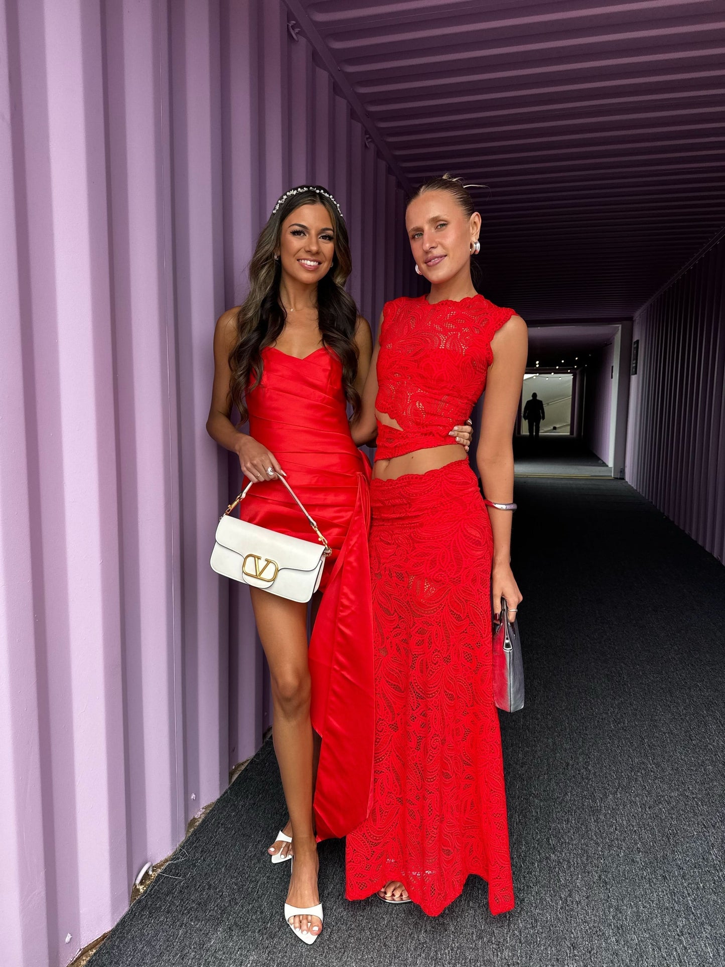 Full length red lace cut out maxi skirt set in tunnel, sleeveless top with bodycon skirt