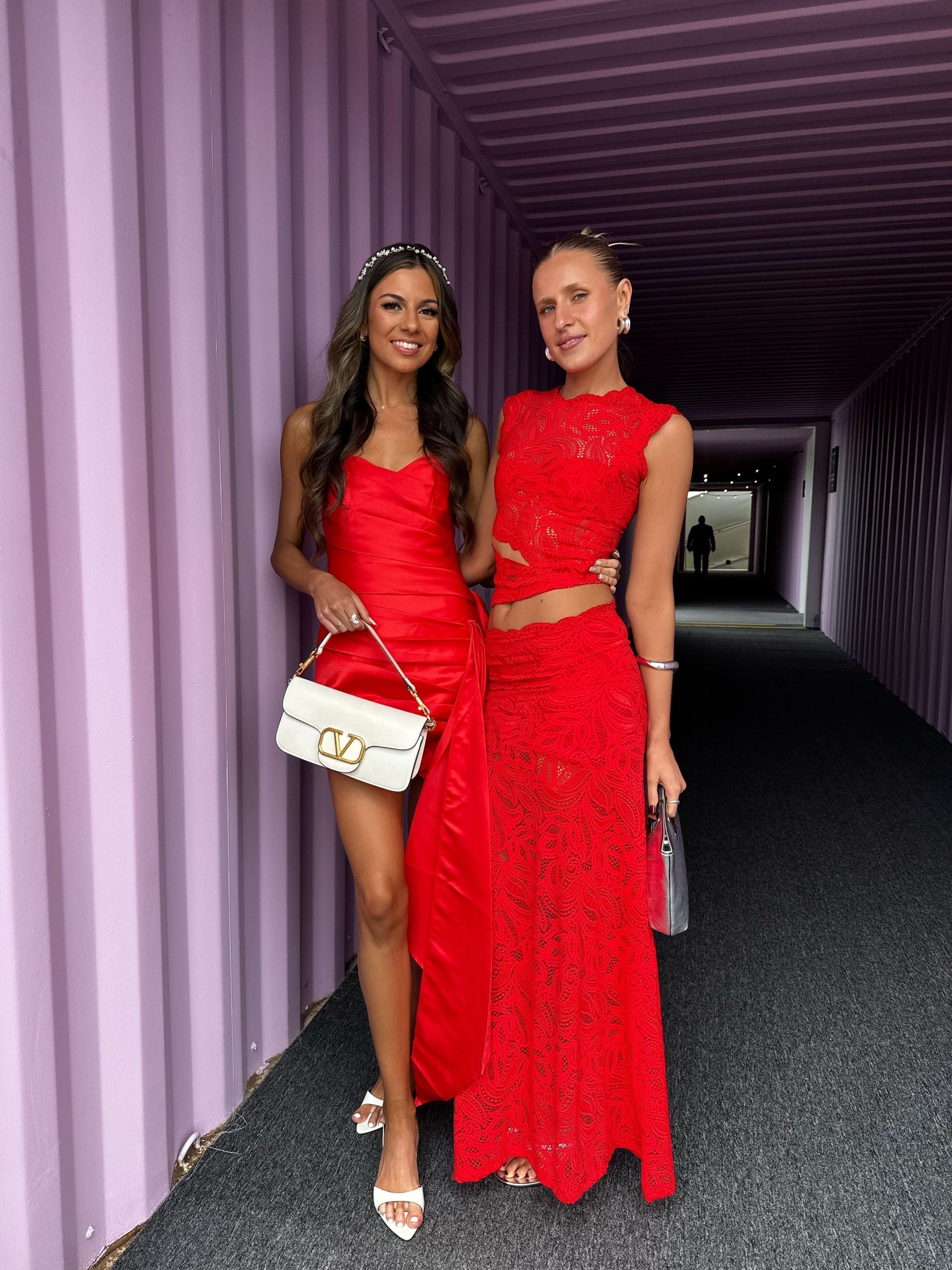 Full length red lace cut out maxi skirt set in tunnel, sleeveless top with bodycon skirt