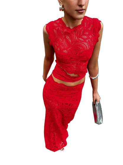 Red lace cut out sleeveless crop top and maxi skirt set, bodycon fit with scalloped hem