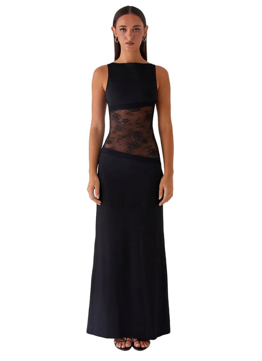 Black sleeveless cocktail maxi dress with sheer floral lace cutout waist, front view.