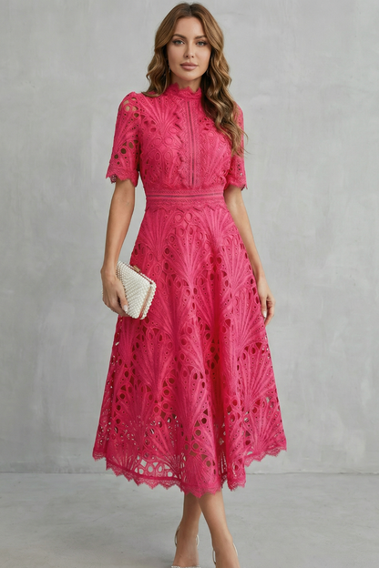 Women's fuchsia lace high neck short sleeve midi dress with detailed cutouts, perfect for vacation outfits.