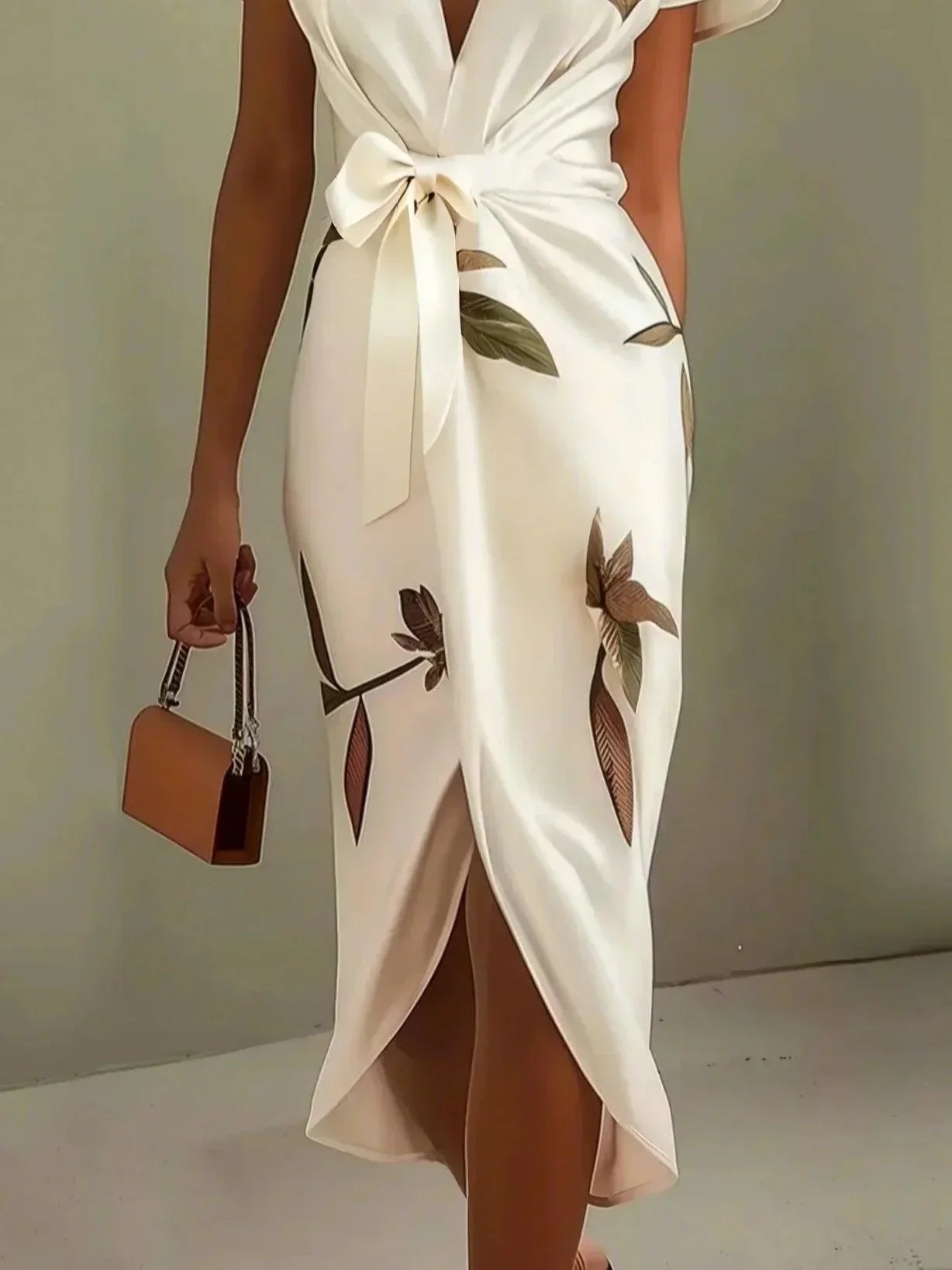 Close-up of V-neck bodice on ivory floral wrap maxi dress showing flutter sleeves and leaf print