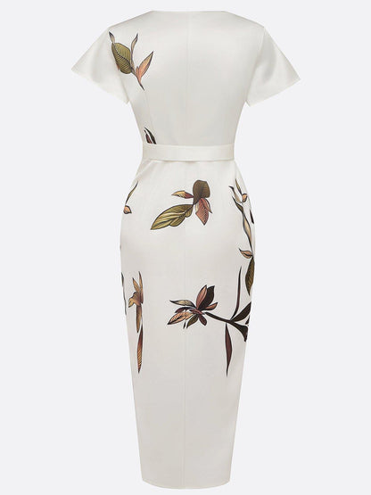 Ivory floral wrap tie waist short sleeve maxi dress on white background, front view with V-neck