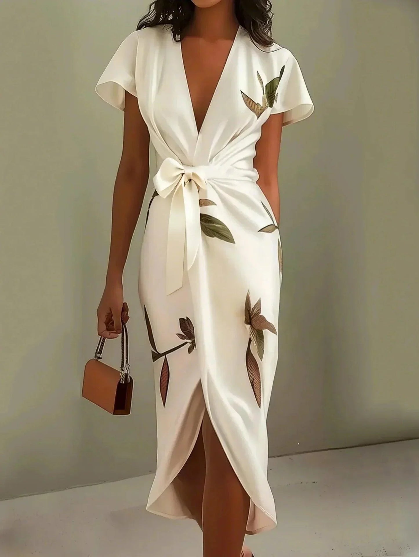 Ivory floral wrap tie waist short sleeve summer maxi dress with deep V-neck and front slit