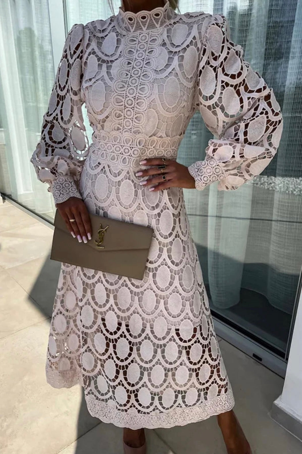 Light beige long sleeve lace midi dress with mock neck and fitted waist, circular crochet pattern
