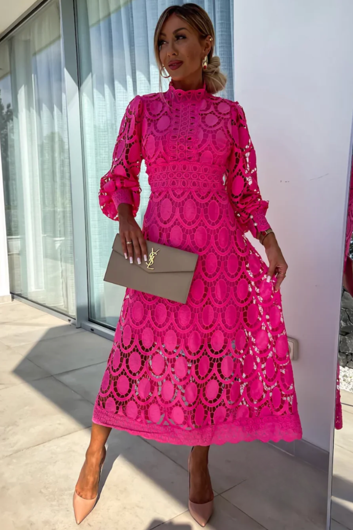 Full length fuchsia lace wedding guest midi dress with high neck, long sleeves, flared skirt
