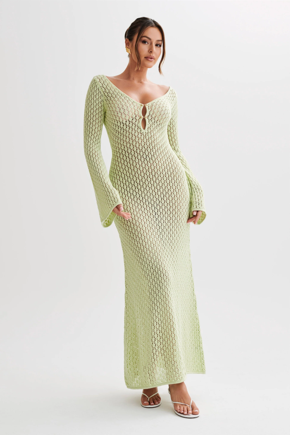 Light green women's crochet maxi beach dress with V-neck keyhole front and long bell sleeves