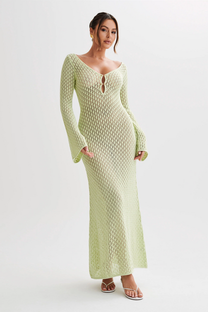 Light green women's crochet maxi beach dress with V-neck keyhole front and long bell sleeves