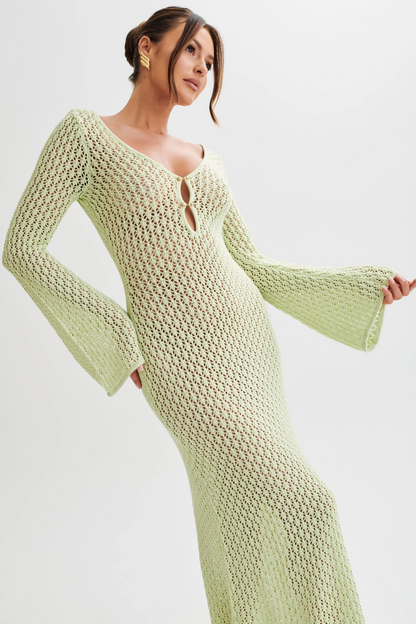 Sage green crochet maxi beach dress with V neck keyhole, long bell sleeves, fitted bodycon silhouette