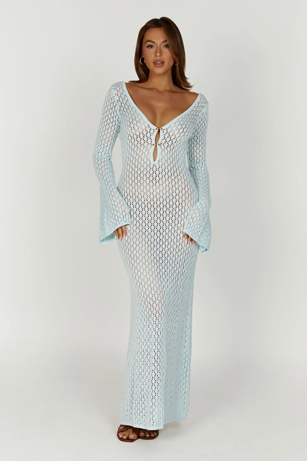 Light blue women's maxi crochet beach dress with V-neck keyhole front and long bell sleeves